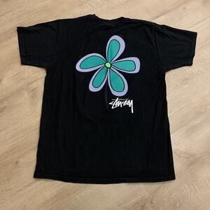 Stussy Flower Graphic Tee Spell Out Logo T-Shirt Men's Medium M Black Skater